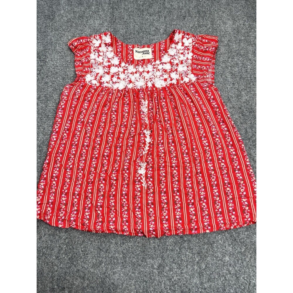 Savannah Jane Top Size Large Red Embroidered Floral Striped Flutter Sleeve